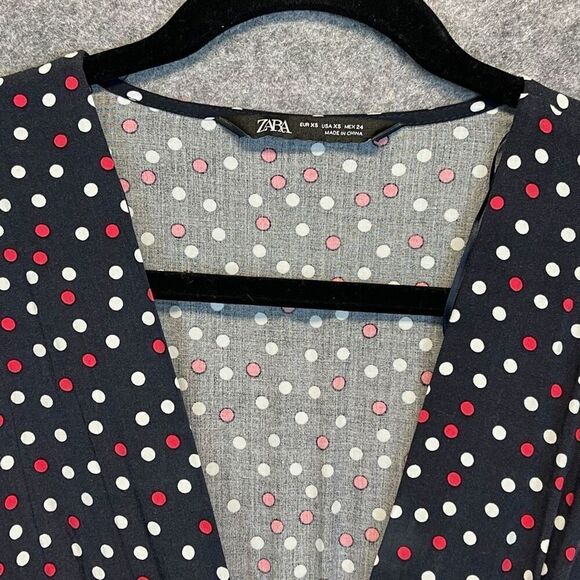ZARA Dress Size XS Polka Dot Tie Wrap Midi Chic Black Red White V-Neck Ruffle - Picture 4 of 14